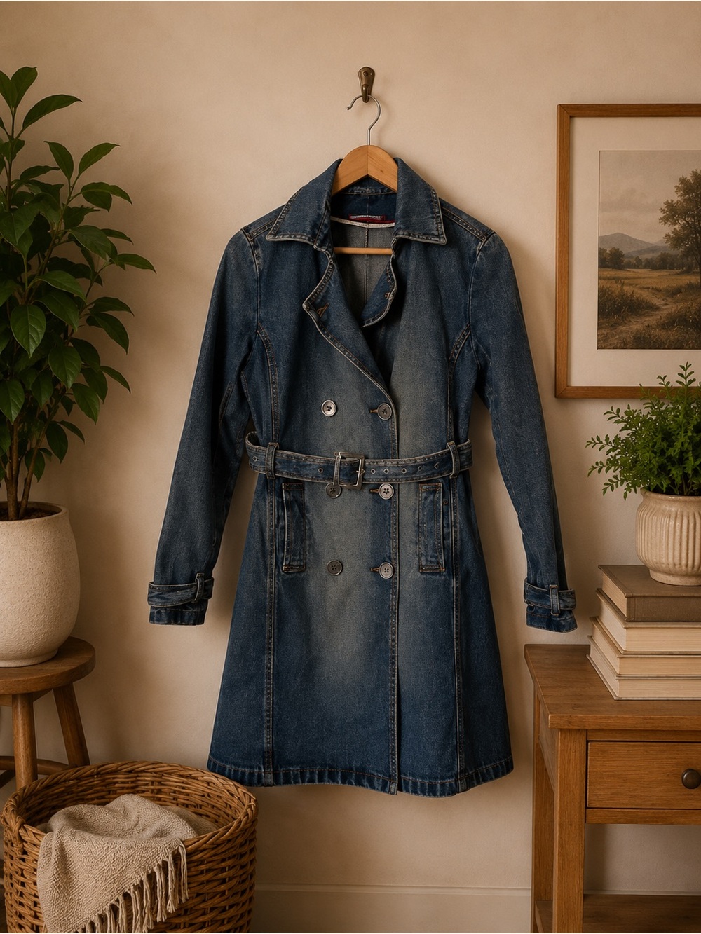 Go Ahead Alone Denim Trench Coat Belted Sz M Blue Double Breasted Vintage Y2K
